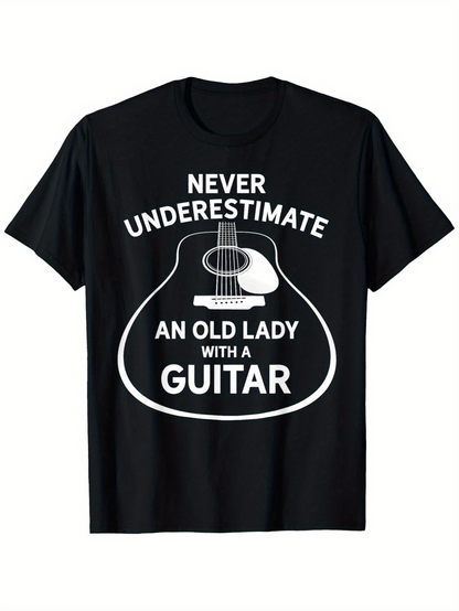 Men's Graphic T-Shirt Never Underestimate An Old Lady With A Guitar Surrounded By Line Art Acoustic Guitar