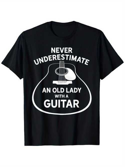 Men's Graphic T-Shirt Never Underestimate An Old Lady With A Guitar Surrounded By Line Art Acoustic Guitar