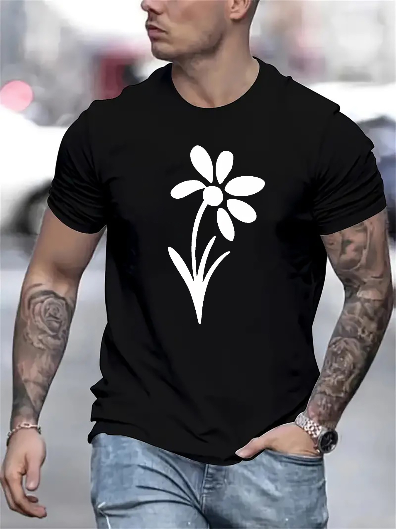 Men's Graphic T-Shirt Simple Blissful Lines With Petals And Minimalist Summer Flower