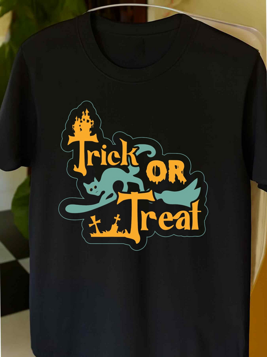 Men's Graphic T-Shirt Trick Or Treat Halloween Cat With Flying Bat And Spooky Graveyard Night