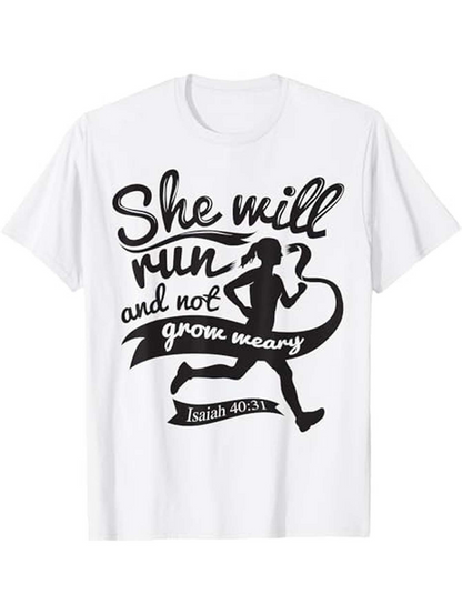Men's Graphic T-Shirt She Will Run And Not Grow Weary With Motivated Female Silhouette Runner