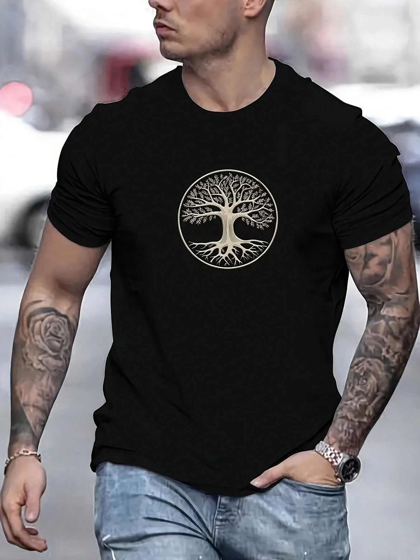 Men's Graphic T-Shirt Ancient Forest With Silhouetted Gold Tree Of Life Symbol