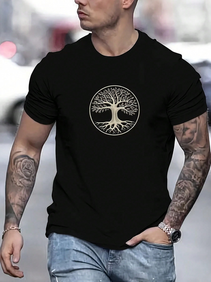 Men's Graphic T-Shirt Ancient Forest With Silhouetted Gold Tree Of Life Symbol