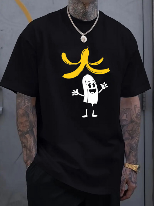 Men's Graphic T-Shirt Playful Cartoon Banana Character Posing Under Yellow Fruit Peel Banana