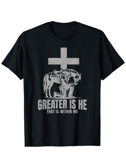 Men's Graphic T-Shirt Greater Is He With Bold Cross And Roaring Lion Under Inspirational Sunlight