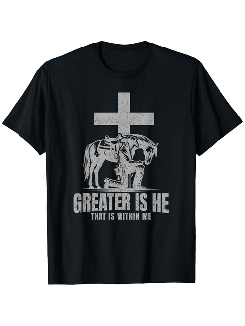 Men's Graphic T-Shirt Greater Is He With Bold Cross And Roaring Lion Under Inspirational Sunlight
