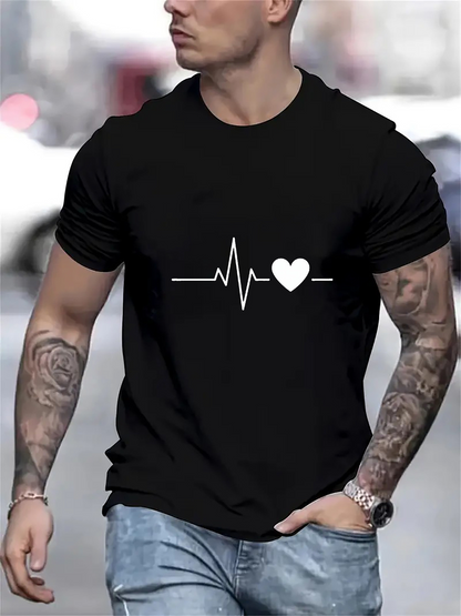 Men's Graphic T-Shirt Simple Line Drawing With Heartbeat And Minimalist White Heart