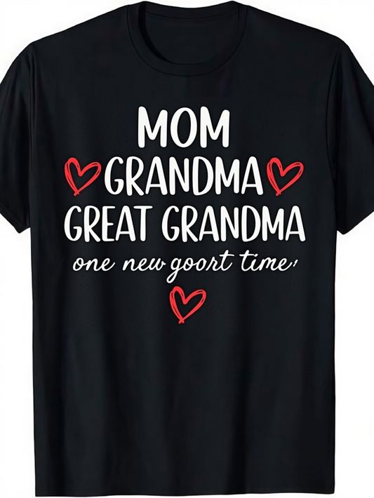 Men's Graphic T-Shirt Mom Grandma Great Grandma One New Good Time With Playful Red Hearts On Black Shirt