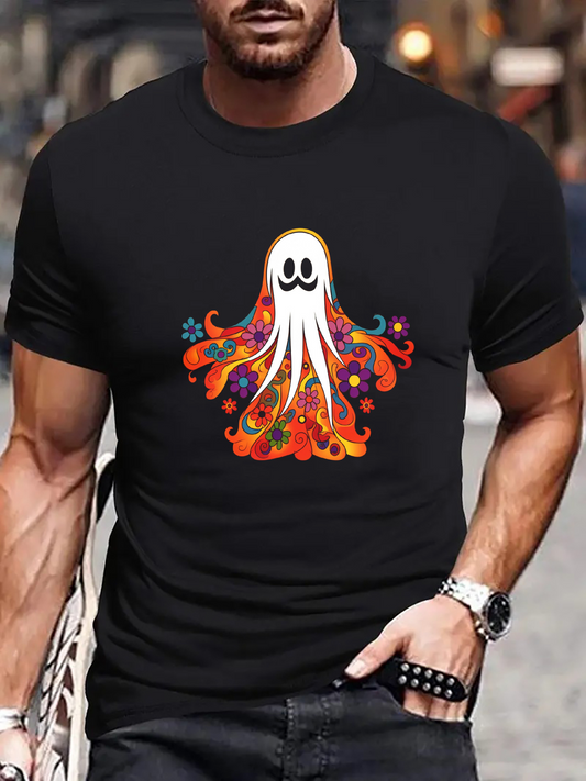 Men's Graphic T-Shirt Colorful Floral Swirls Surrounding Smiling Ghost Figure
