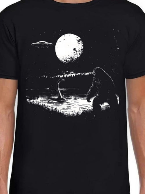 Men's Graphic T-Shirt Mysterious Night With Moon UFO Loch Ness And Bigfoot Creature