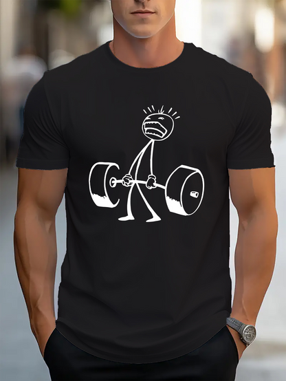 Men's Graphic T-Shirt Cartoon Stick Figure With Heavy Weights Lifting Barbell Gym Workout