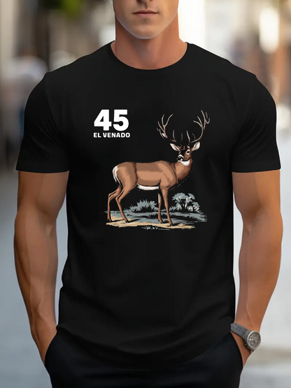 Men's Graphic T-Shirt Number 45 With Standing Stag In Peaceful Woodland