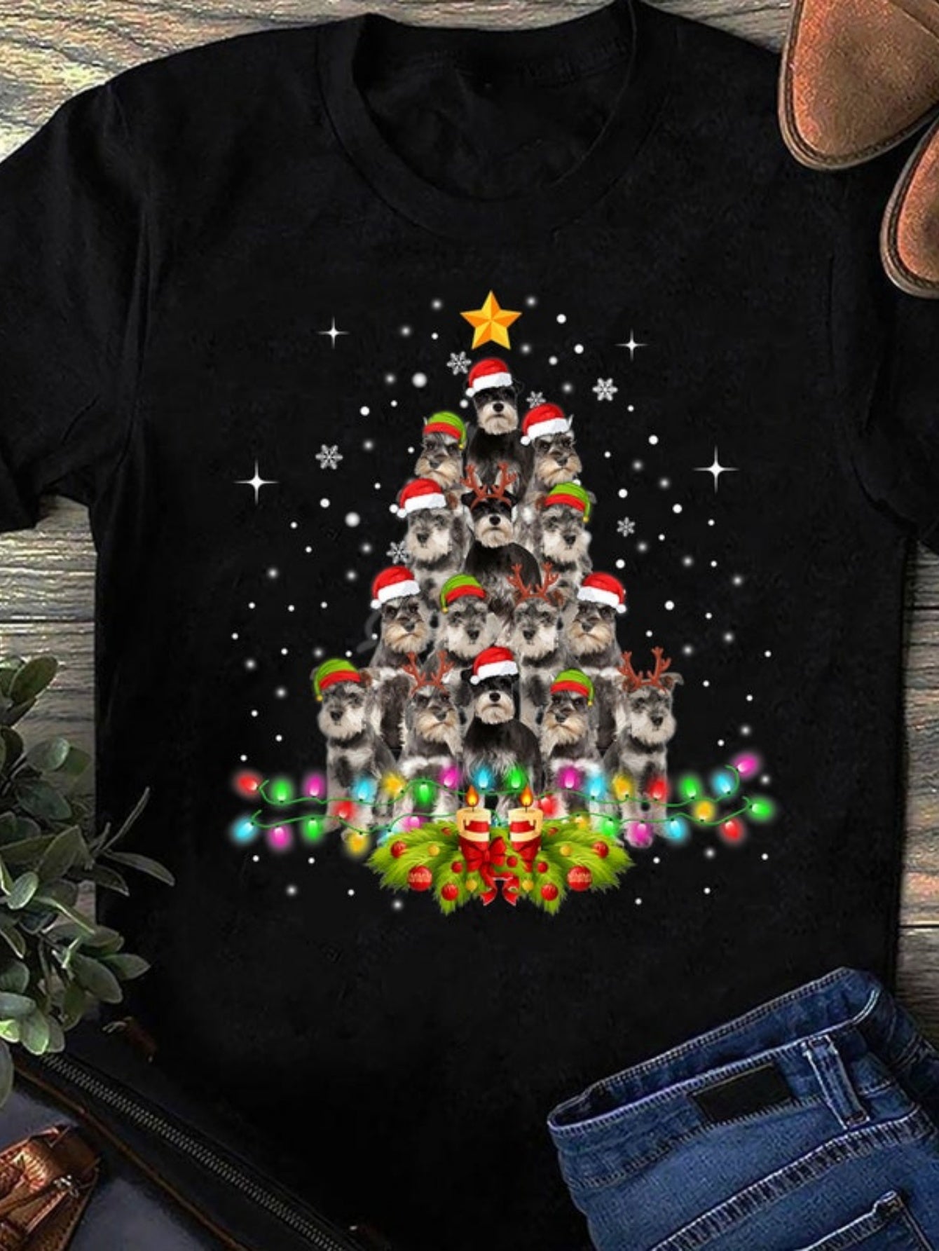 Women's Graphic T-Shirt Adorable Dogs Wearing Santa Hats Forming Christmas Tree