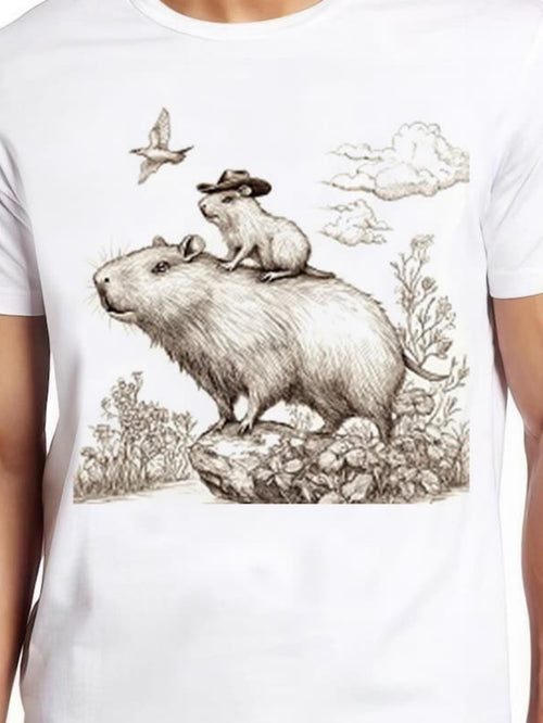 Men's Graphic T-Shirt Playful Capybara Surrounded By Flowers Under Cloudy Sky With Bird