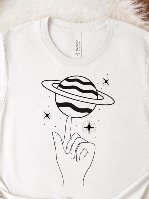 Men's Graphic T-Shirt Celestial Hand Reaching Upward Toward Saturn Surrounded By Little Stars And Planets