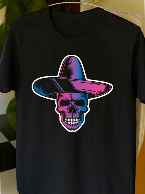Men's Graphic T-Shirt Neon Glow With Multicolored Shadowed Outline Skull In Sombrero