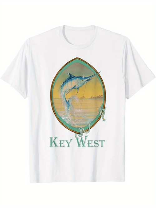 Men's Graphic T-Shirt Key West Jumping Marlin With Golden Sunset Over Ocean Waves