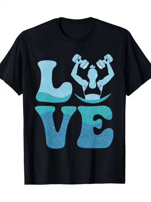 Men's Graphic T-Shirt Love Blue Letters And Strong Woman Lifting Weights Silhouette