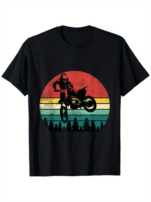 Men's Graphic T-Shirt Retro Sunset Forest With Stunt Rider Performing Jump Motorcycle