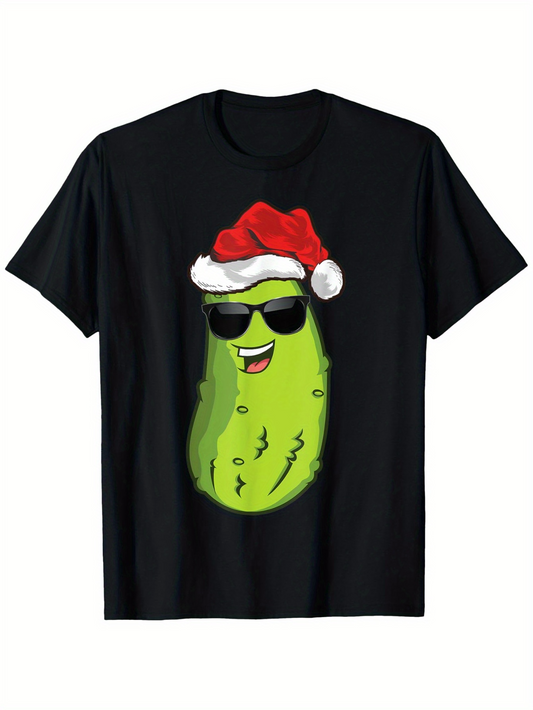 Men's Graphic T-Shirt Fun Christmas Pickle With Santa Hat And Cool Sunglasses Green Character