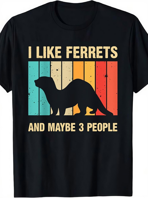 Men's Graphic T-Shirt I Like Ferrets Vintage Stripes With Black Silhouette Centered Ferret