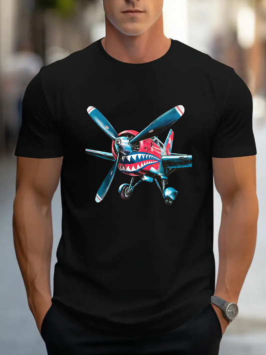 Men's Graphic T-Shirt Vintage Fighter Plane With Shark Teeth Art Illustration Airplane