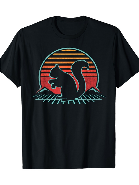 Men's Graphic T-Shirt Retro Sunset Silhouette With Mountains And Neon Grid Squirrel
