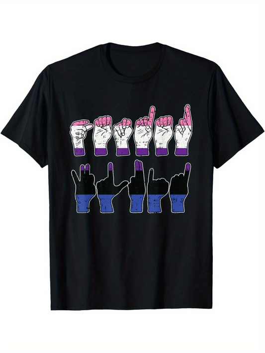 Men's Graphic T-Shirt American Sign Language Fingerspelling With Gradient Colored Shadow Hands