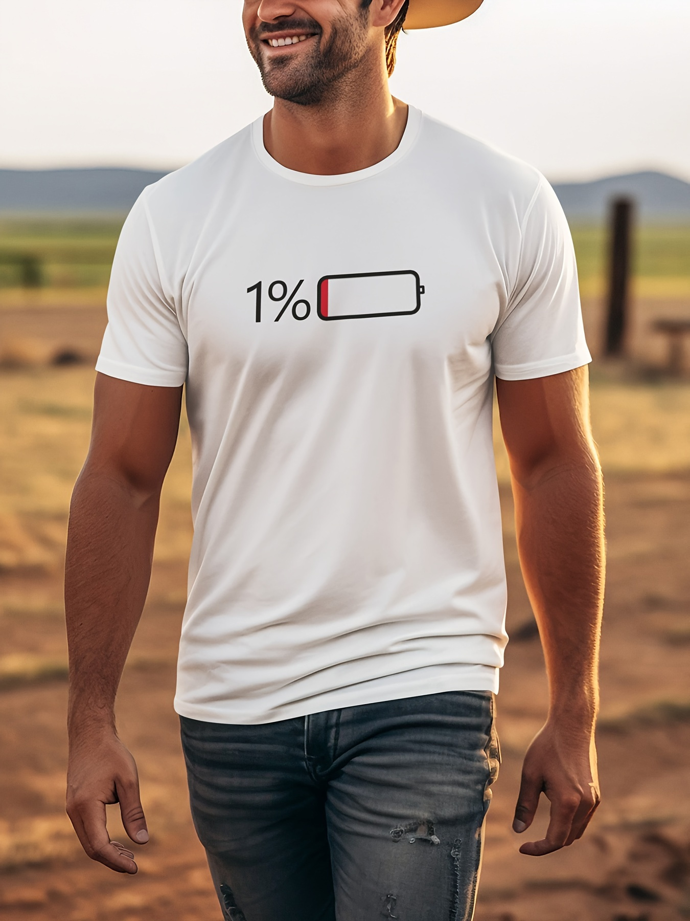 Men's Graphic T-Shirt Almost Empty Red Outlined Battery Icon With Percentage Text