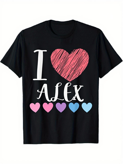 Men's Graphic T-Shirt I Love Alex With Colorful Hearts And Playful Letter Art