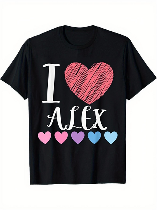 Men's Graphic T-Shirt I Love Alex With Colorful Hearts And Playful Letter Art