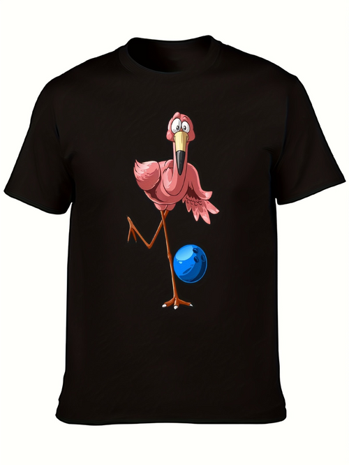 Men's Graphic T-Shirt Cartoon Flamingo Balancing On One Leg With Blue Ball Flamingo
