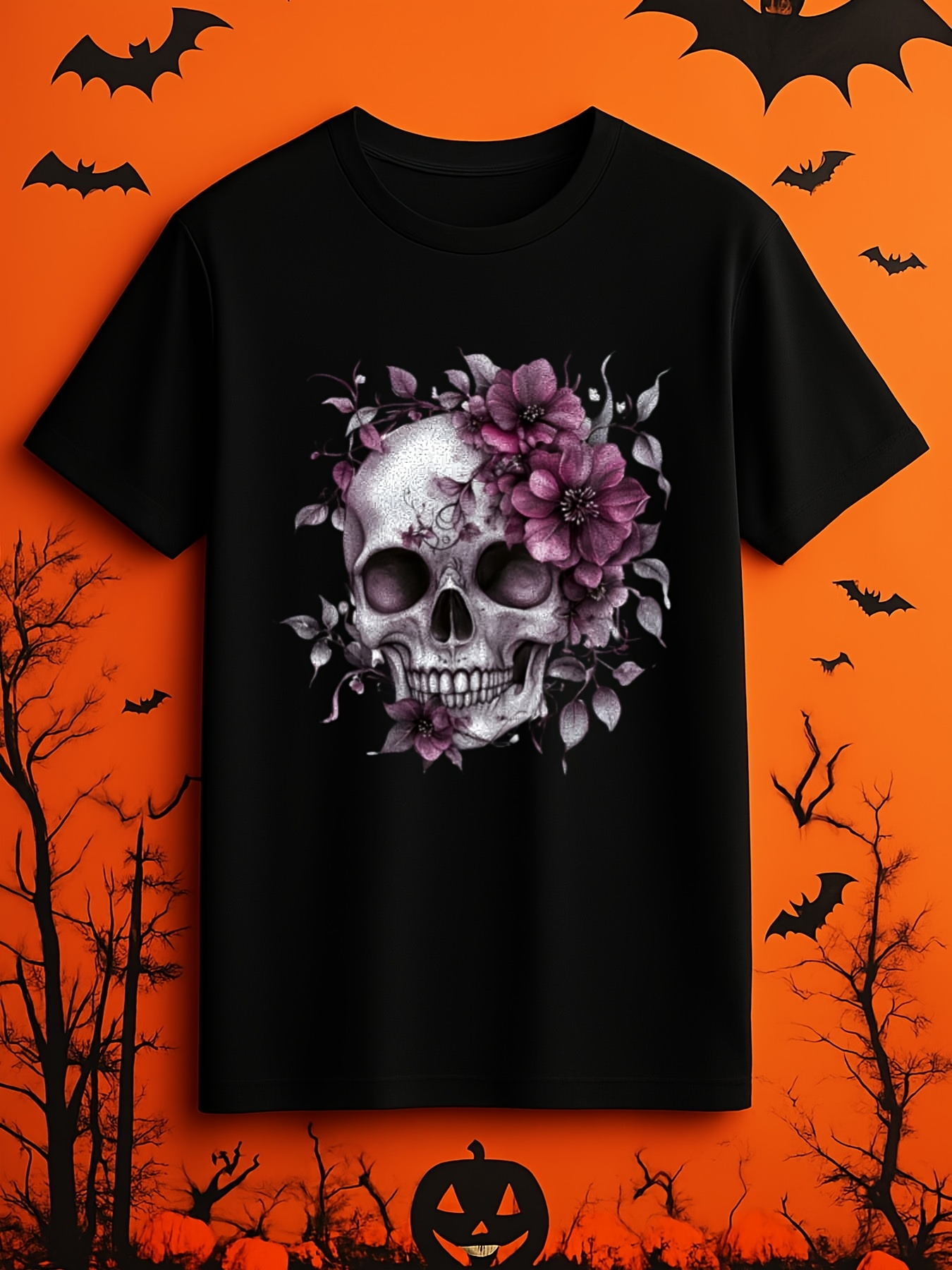 Men's Graphic T-Shirt Dark Roses Blooming Around Lifelike Skull In Shadowy Night Skull