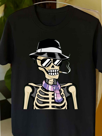 Men's Graphic T-Shirt Vintage Cool Skeleton With Fedora Hat Smoking Cigarette