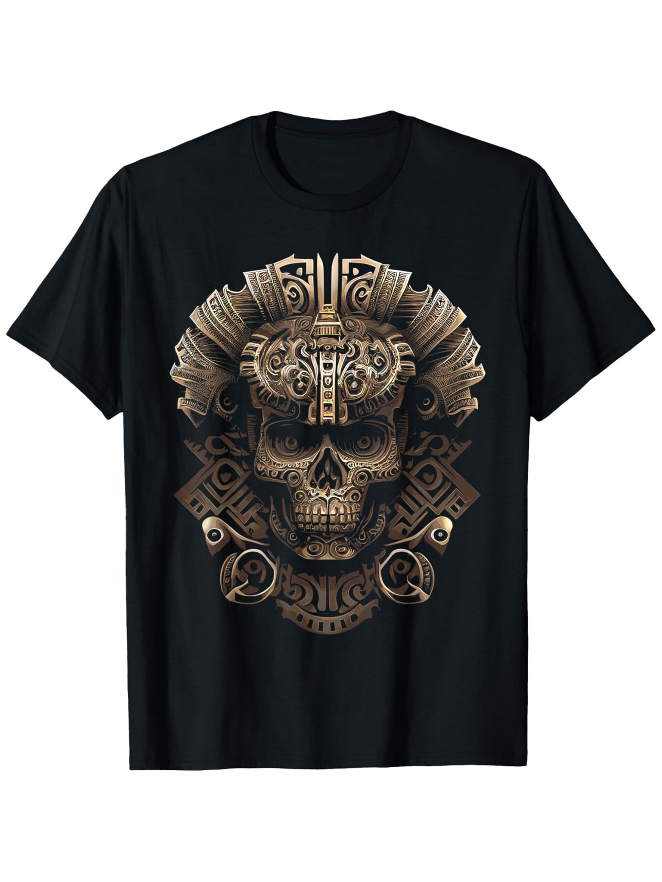 Men's Graphic T-Shirt Intricate Aztec Inspired Ornamental Patterns Surrounding Bronze Skull