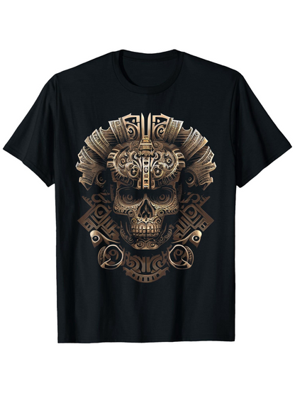 Men's Graphic T-Shirt Intricate Aztec Inspired Ornamental Patterns Surrounding Bronze Skull