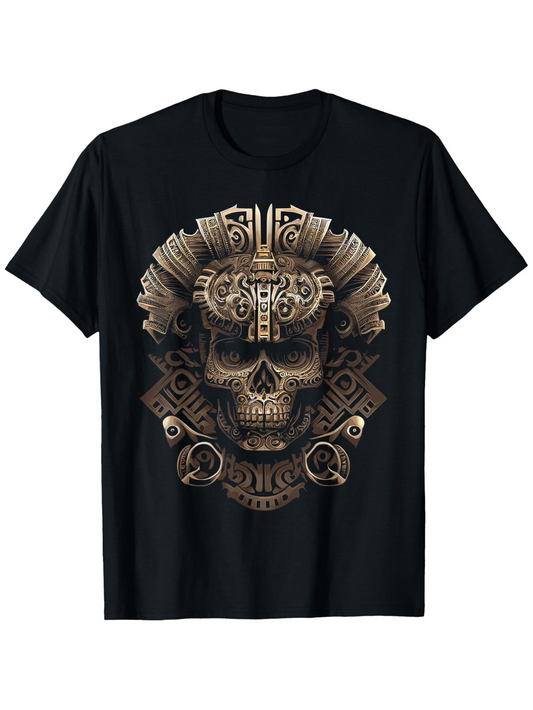 Men's Graphic T-Shirt Intricate Aztec Inspired Ornamental Patterns Surrounding Bronze Skull