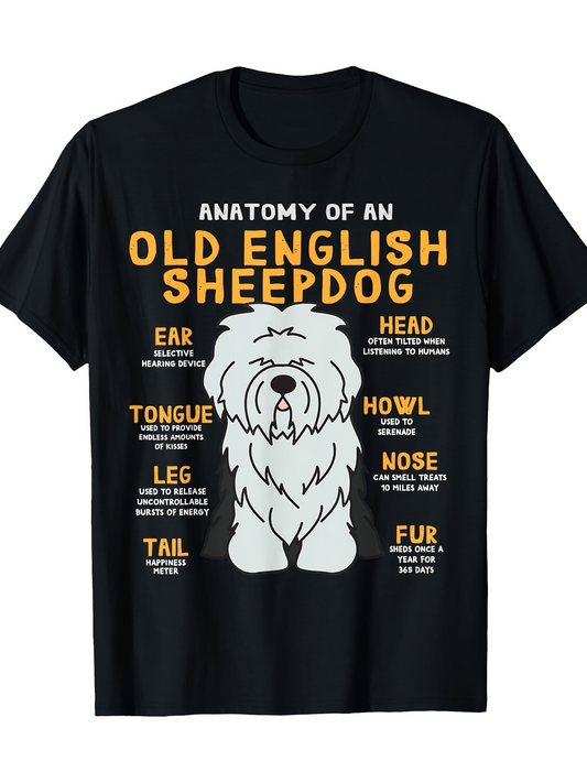 Men's Graphic T-Shirt Playful Guide With Adorable Fluffy Sheepdog Surrounded By Anatomy Text Diagram Sheepdog