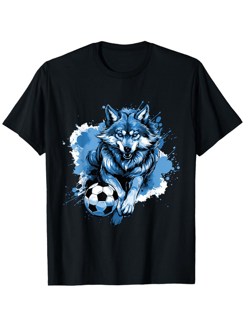 Men's Graphic T-Shirt Blue Watercolor Splash With Lively Running Wolf And Classic Soccer Ball
