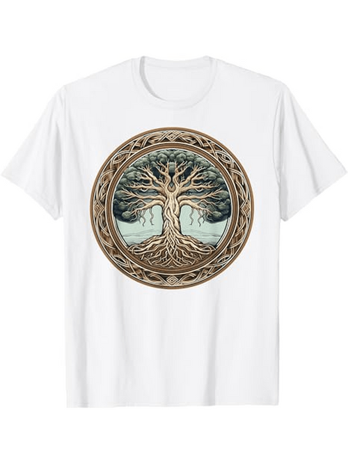 Men's Graphic T-Shirt Ancient Woodwork Pattern With Intertwined Roots Mystical Forest Tree
