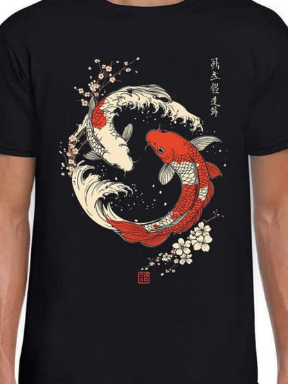 Men's Graphic T-Shirt Flowing Water With Blossoms And Pair Of Vibrant Koi Fish