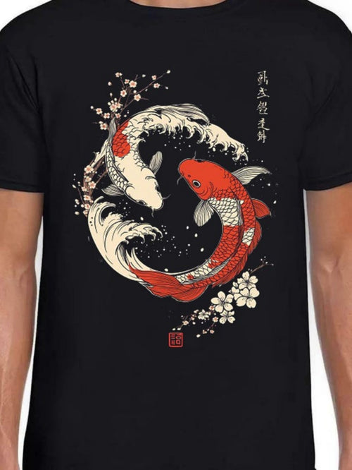 Men's Graphic T-Shirt Flowing Water With Blossoms And Pair Of Vibrant Koi Fish