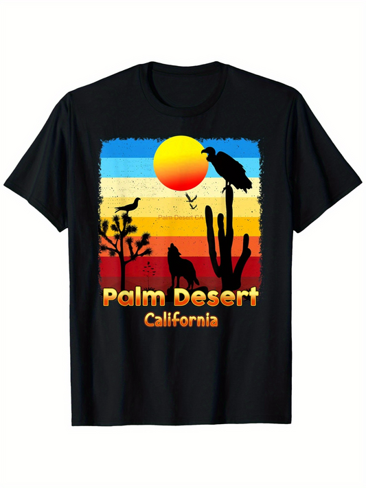Men's Graphic T-Shirt Palm Desert California Vibrant Sunset Silhouette With Birds And Cactus