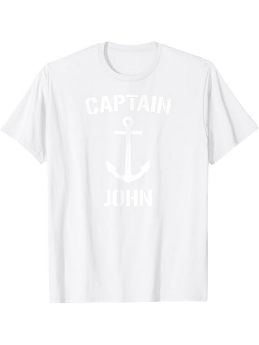 Men's Graphic T-Shirt Captain John Nautical Anchor Emblem Featuring Crisp White Cotton T Shirt