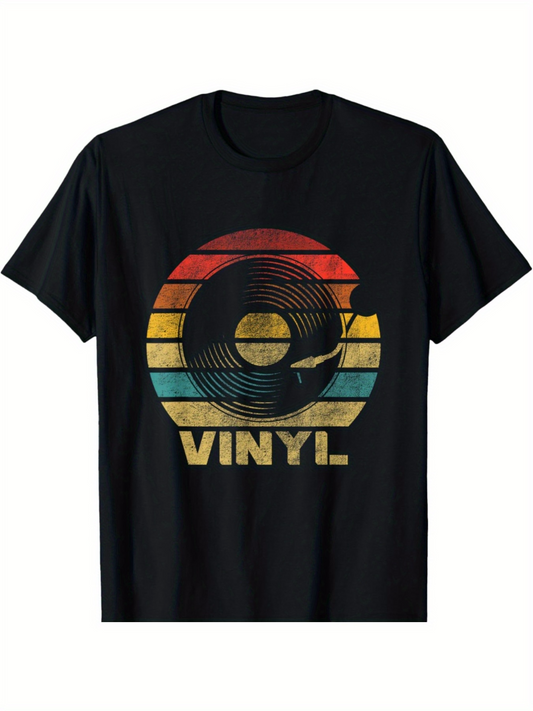 Men's Graphic T-Shirt Retro Striped Sunset Colors Surrounding A Classic Vintage Vinyl Record