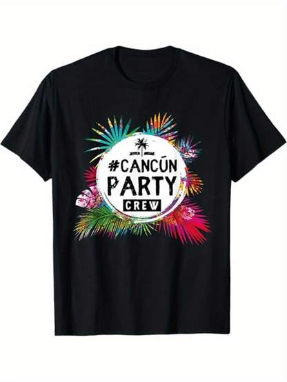 Men's Graphic T-Shirt Cancun Party Crew Surrounded By Vibrant Tropical Leaves And Colorful Fireworks