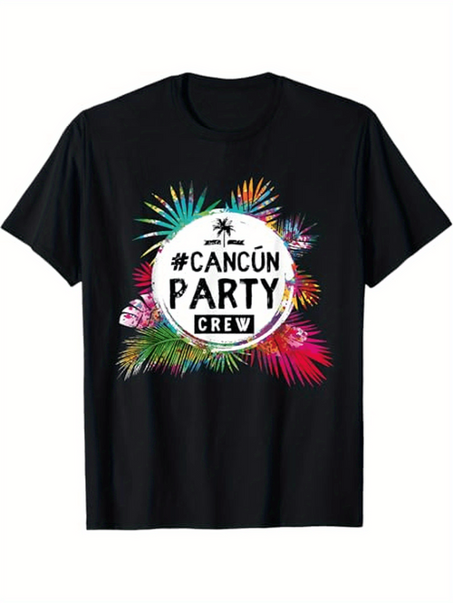 Men's Graphic T-Shirt Cancun Party Crew Surrounded By Vibrant Tropical Leaves And Colorful Fireworks