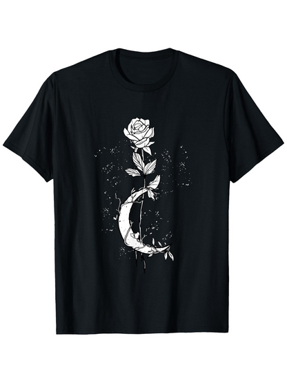 Men's Graphic T-Shirt Blooming Crescent Moon With Sparkling Petals Surrounding A Single Rose