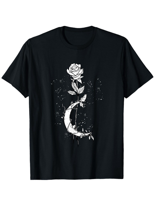 Men's Graphic T-Shirt Blooming Crescent Moon With Sparkling Petals Surrounding A Single Rose