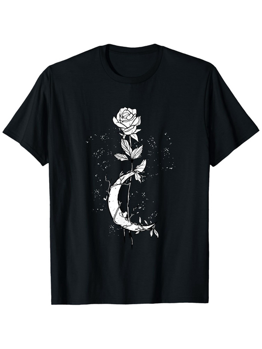 Men's Graphic T-Shirt Blooming Crescent Moon With Sparkling Petals Surrounding A Single Rose
